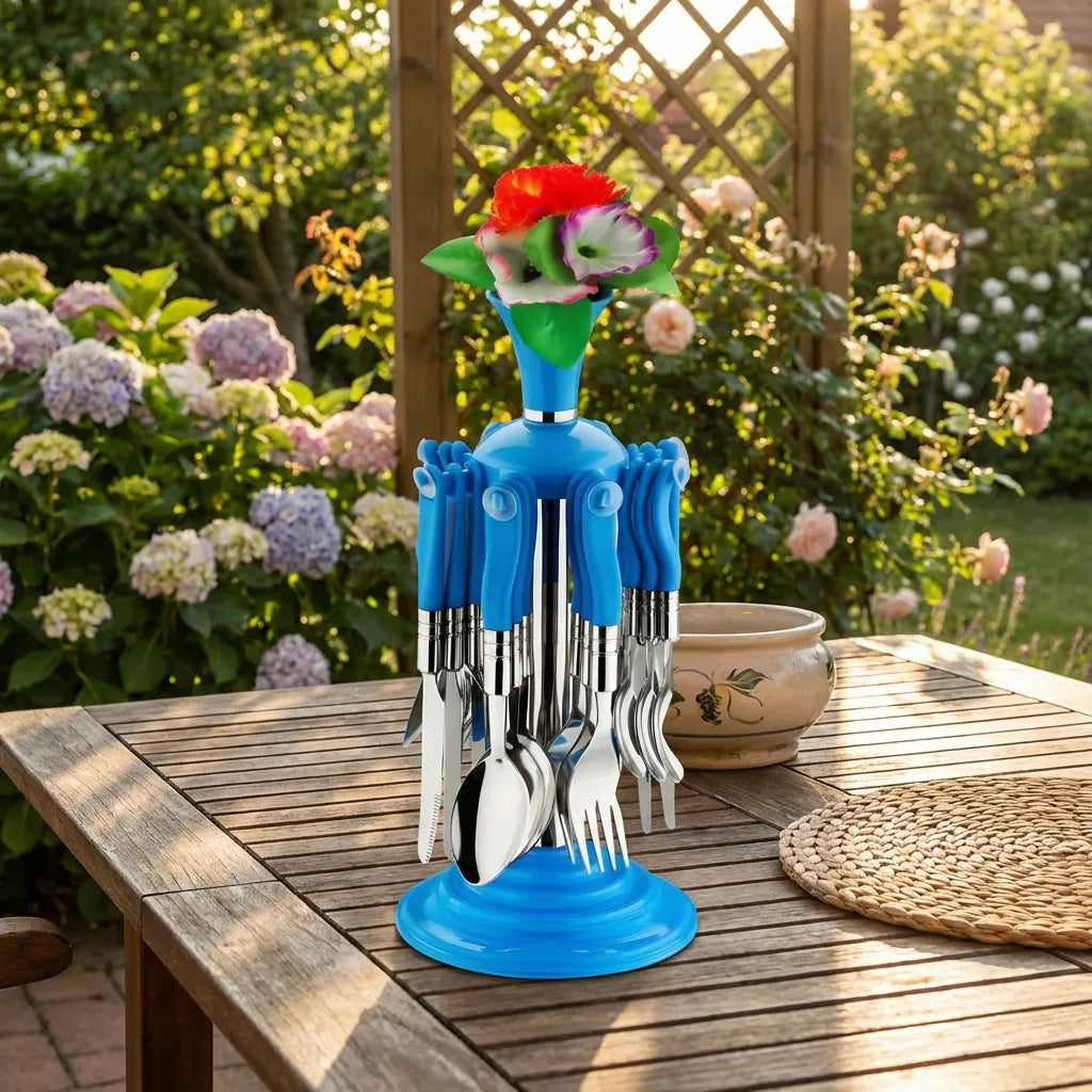 Stainless cutlery set in a blue base with metal forks and spoons, topped with a small vase.