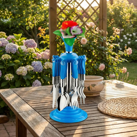 Stainless cutlery set in a blue base with metal forks and spoons, topped with a small vase.