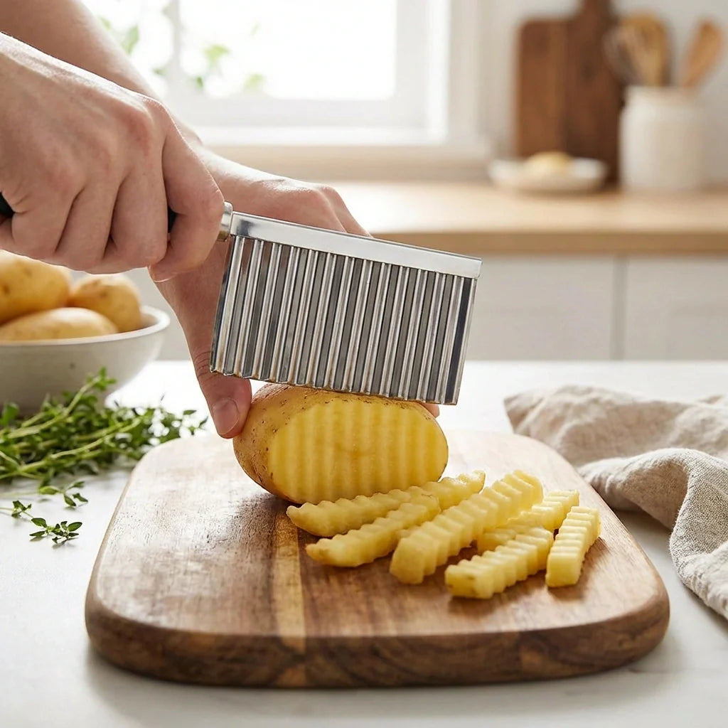 Stainless steel crinkle cutter with ridged blade slicing a potato on a cutting board