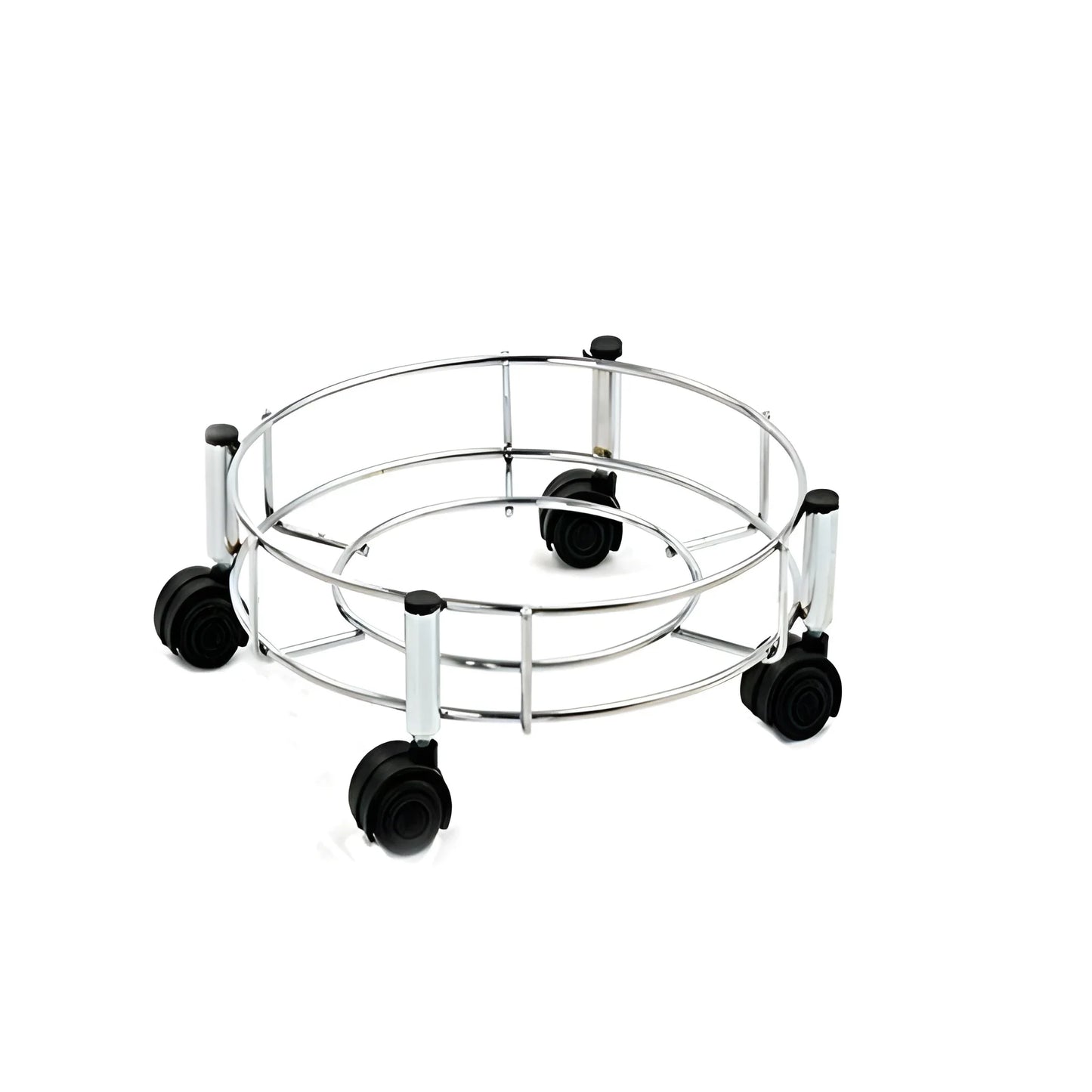 Stainless steel cylinder trolley with circular rack and four black caster wheels