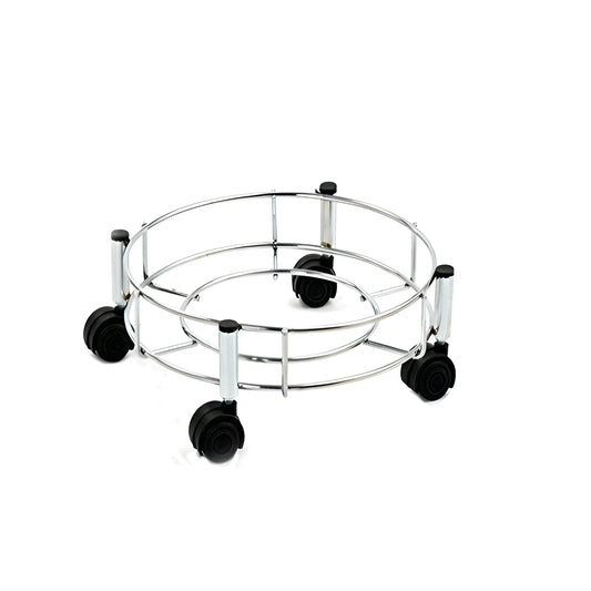 Stainless steel cylinder trolley with circular rack and four black caster wheels