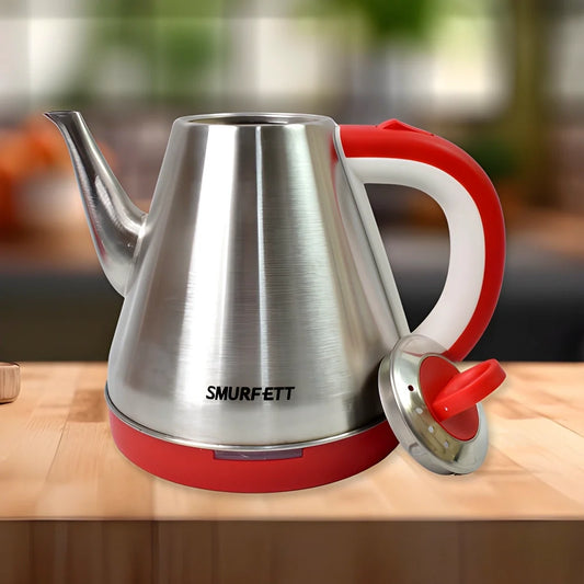 Stainless steel electric kettle with red handle and lid, SMURFETT logo