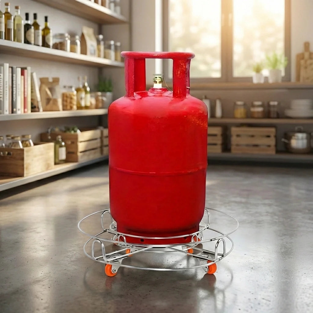 Red gas cylinder on stainless steel trolley with four small caster wheels