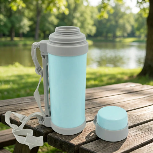 Light blue vacuum insulated water bottle with carry handle and twist lid
