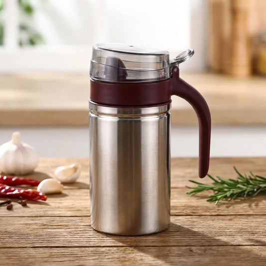 500ml stainless steel oil dispenser with clear top and burgundy handle