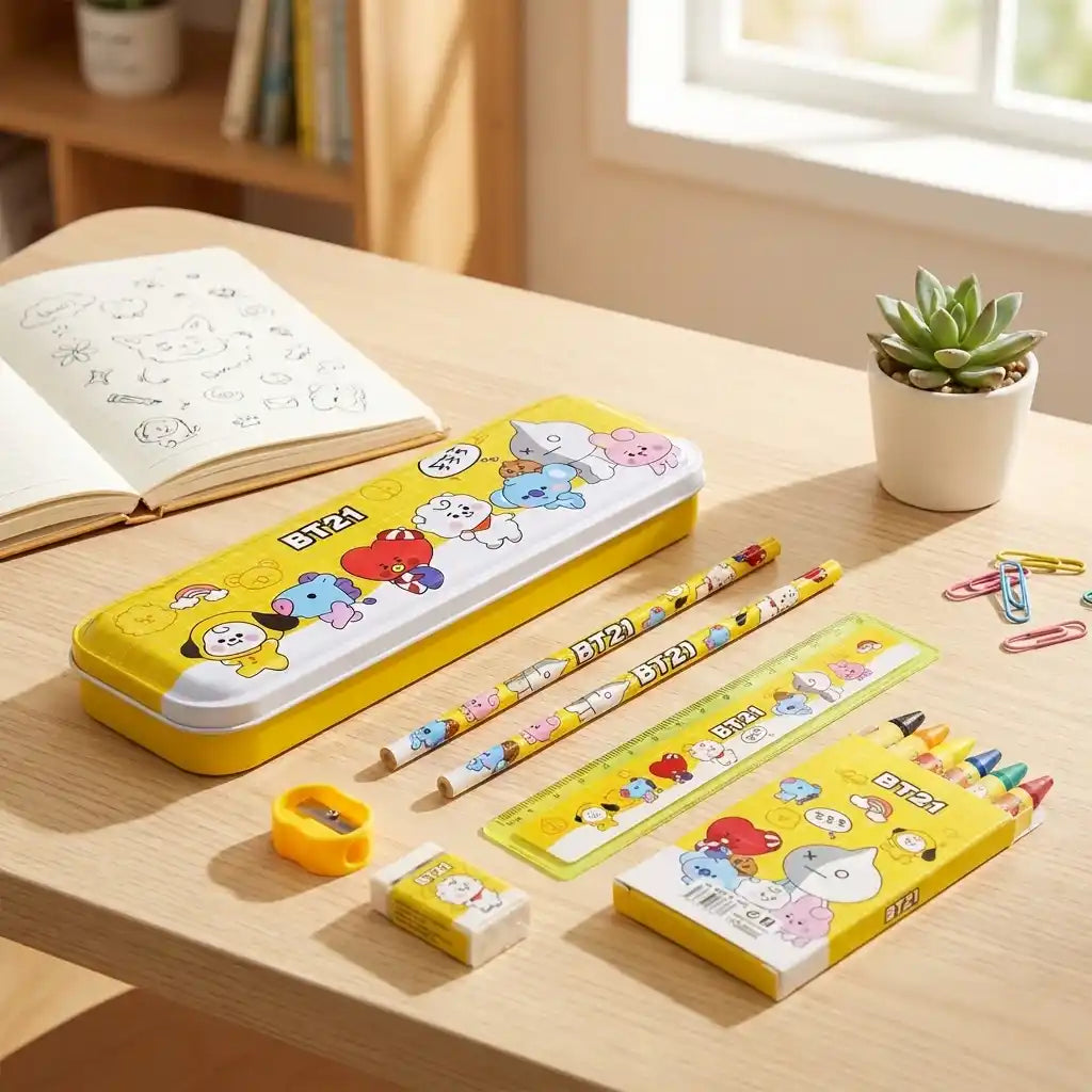 Kids yellow pencil case with BT21 cartoon print, pencils, eraser, and note cards