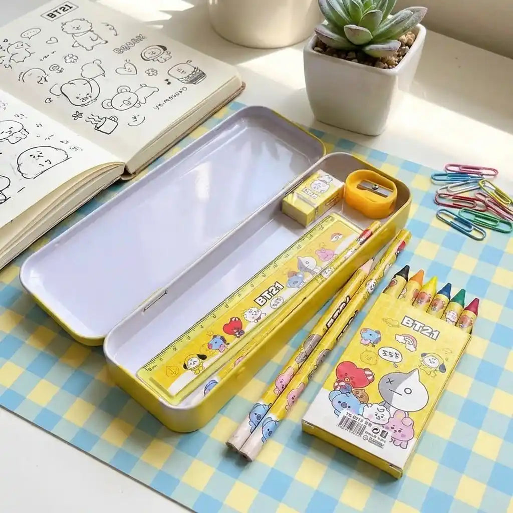 Yellow kids stationery kit case with cartoon graphics, pencils, eraser, and paper set