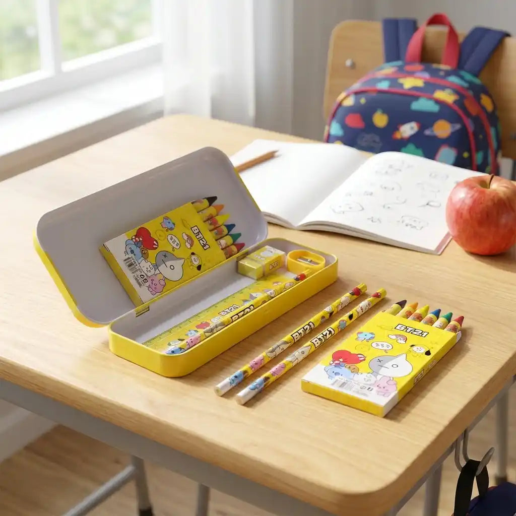 Kids stationery kit open in yellow case with BT21 pencils, eraser, and color markers