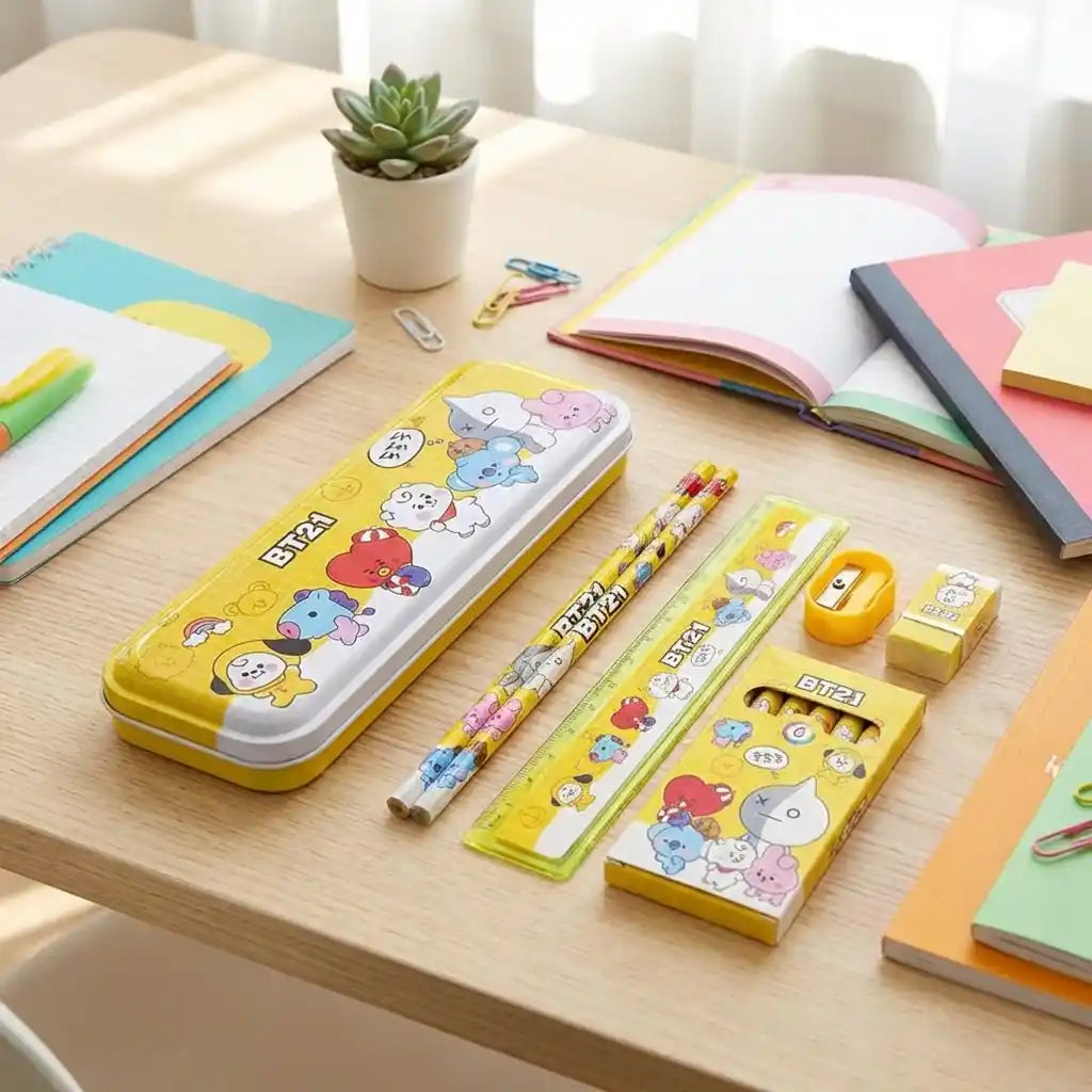 Kids BT21 stationery kit on desk: yellow pencil case, pencils, eraser, and pencil pack