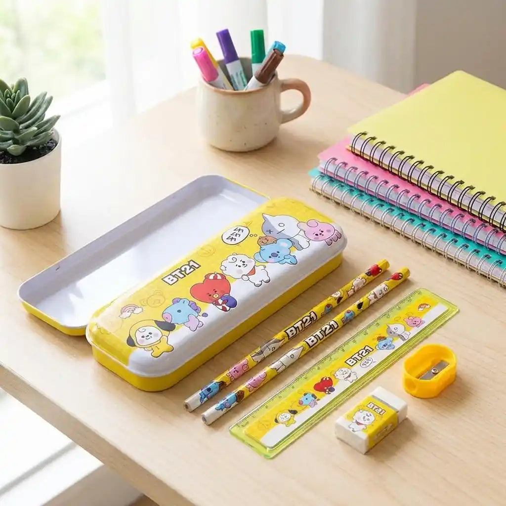 Yellow kids BT21 pencil case with colored pencils, eraser, and spiral notebook