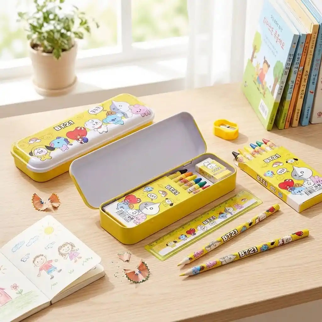 Kids BT21 stationery set with open yellow pencil case, colored pencils, eraser, and cards