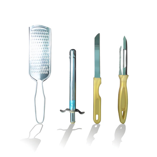 Stainless kitchen tool set: box grater, slicer, and two small knives with yellow handles