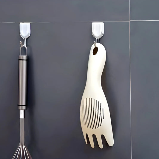 Rice strainer spoon with perforated forked head and looped hanging handle
