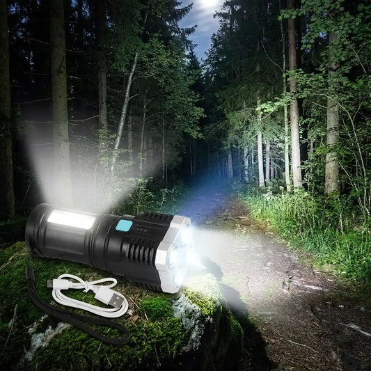 Black LED torch light with bright beam and blue detail on the body