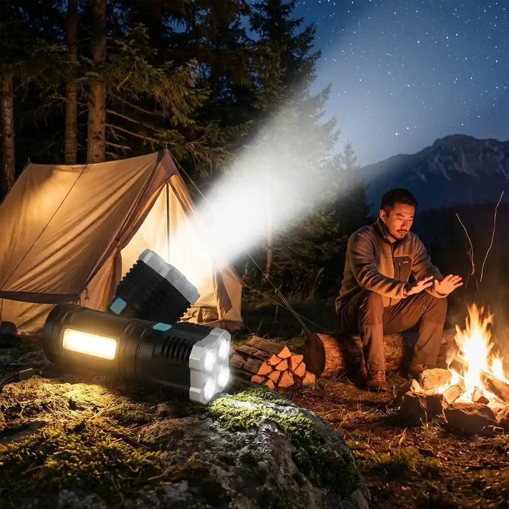 LED torch light emitting a wide beam from the front, black with blue side switch