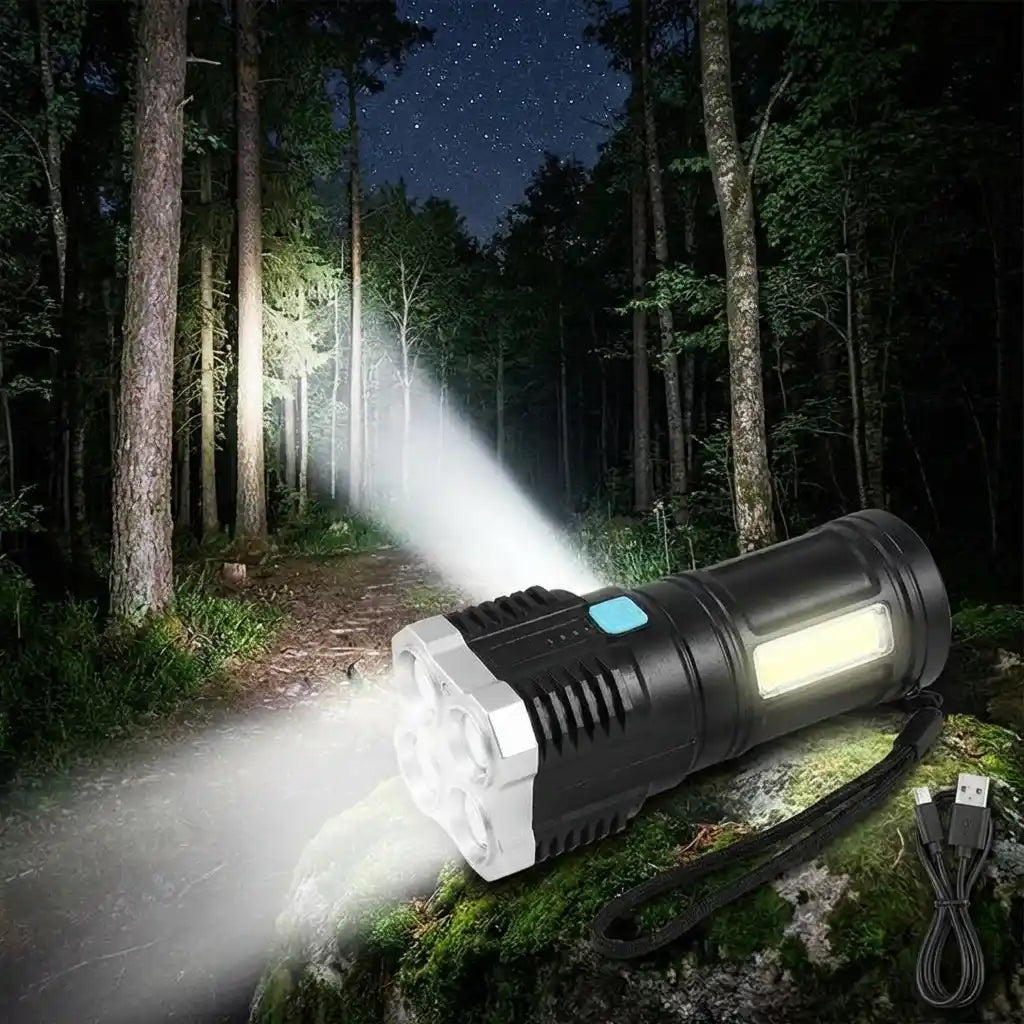 Black LED torch light with wide front head, bright beam and lanyard cord