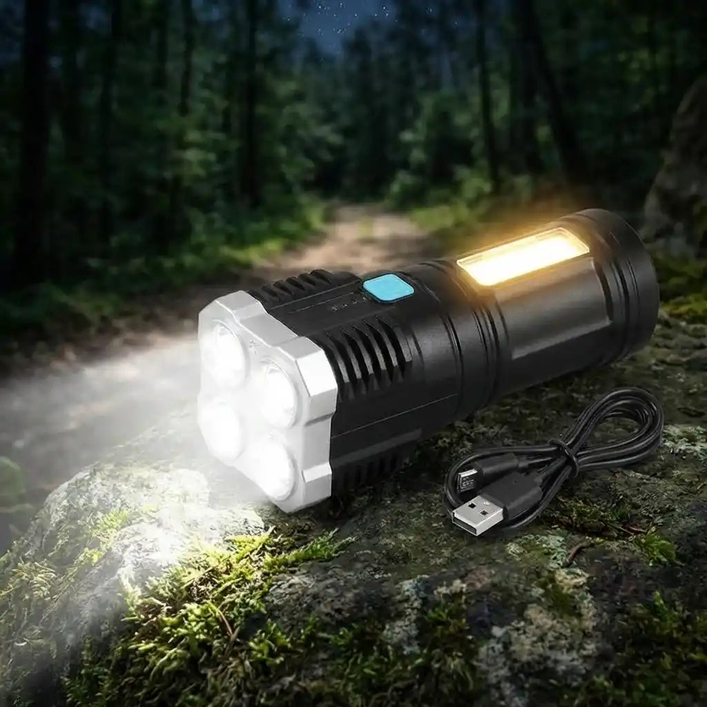 LED torch light with USB cable, black body, front emits white beam; blue panel