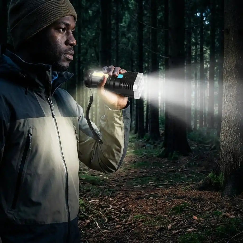 Black LED torch light held in hand, front lens glowing with white beam