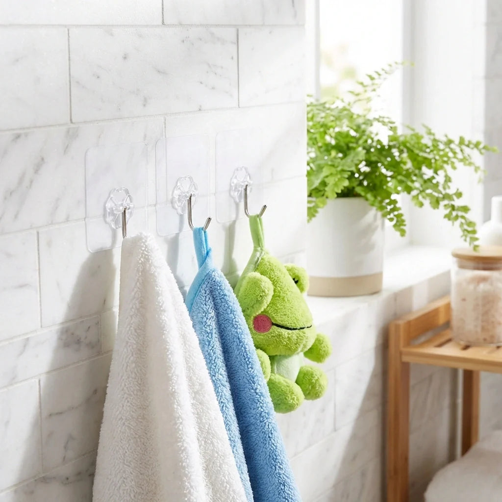 Adhesive wall hooks with clear hooks holding white, blue, and green towels
