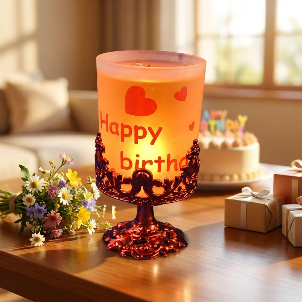 Candle stand with frosted candle, red ornate base, and heart “Happy birth” print