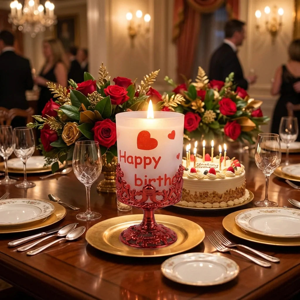 Candle stand centerpiece with frosted candle, red ornate base, and heart “Happy birth” print