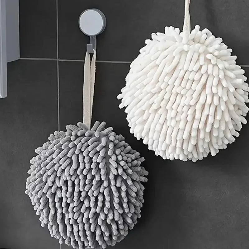 Super soft hanging hand towel, white and gray looped pom-pom design
