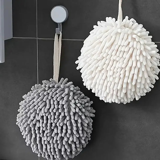 Super soft hanging hand towel, white and gray looped pom-pom design