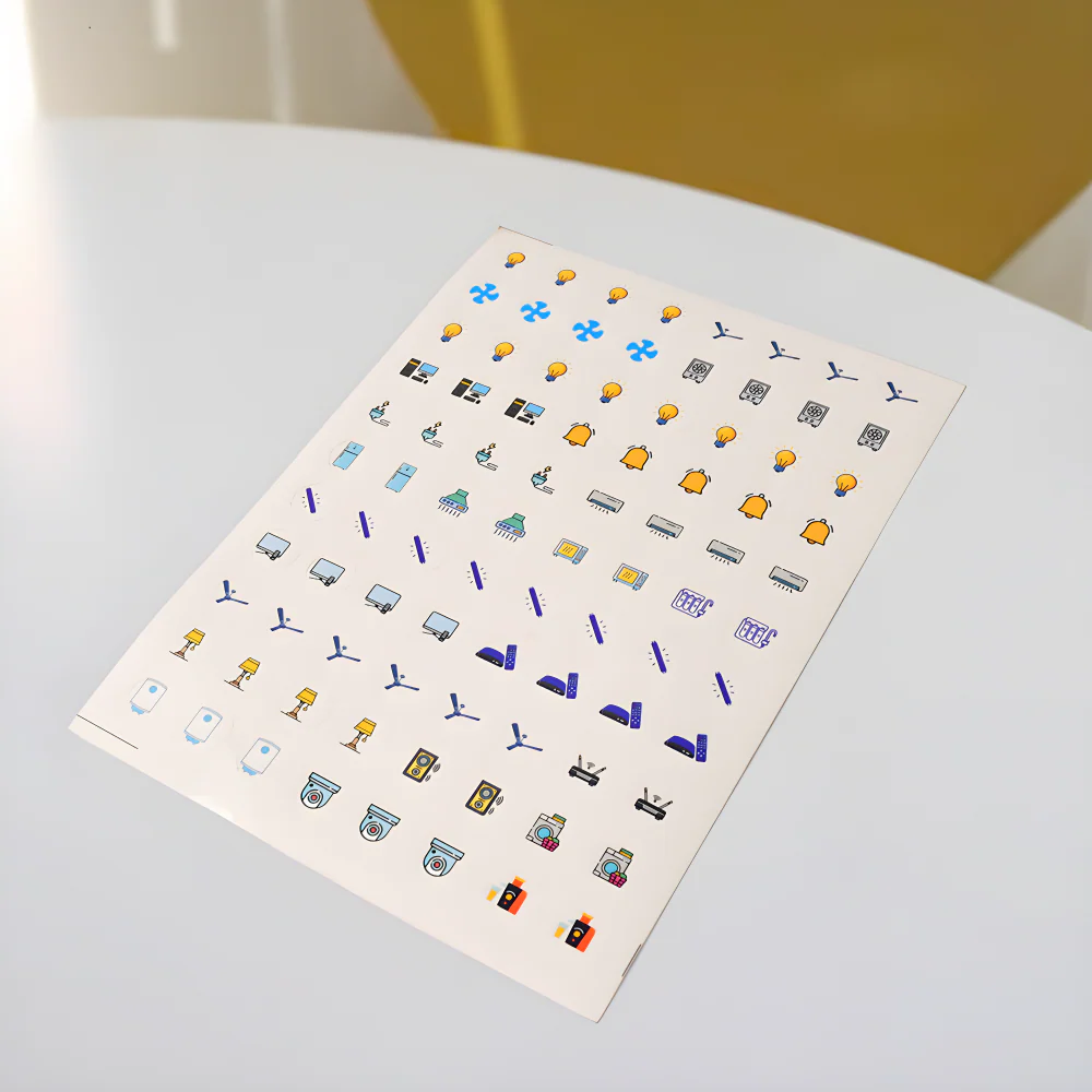 Icon label sticker sheet with colorful switch and device icons, arranged in a grid
