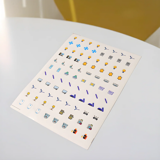 Icon label sticker sheet with colorful switch and device icons, arranged in a grid