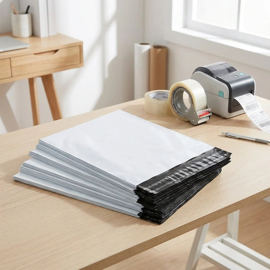 Tamper-proof courier bags set, stacked white envelopes with black tamper tape
