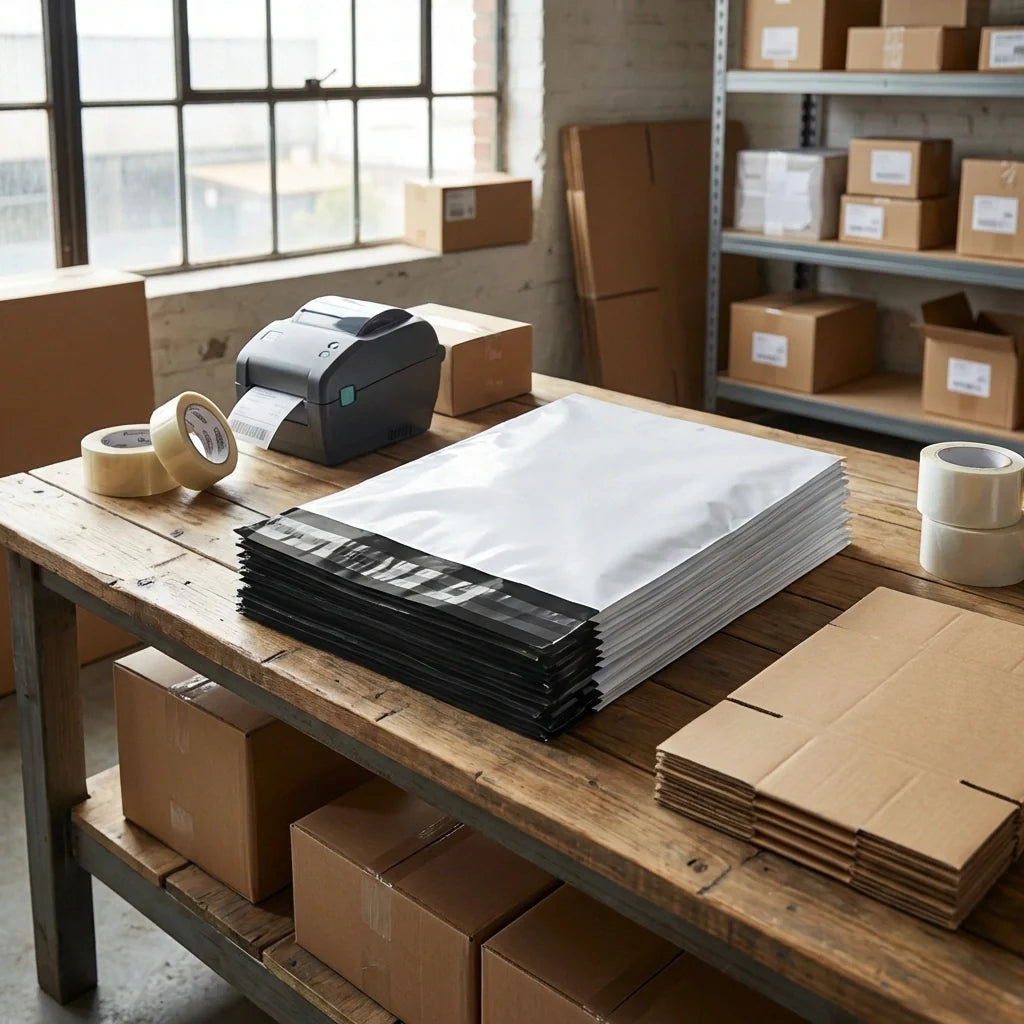 Security mailer bags, white stacks with black tamper strip