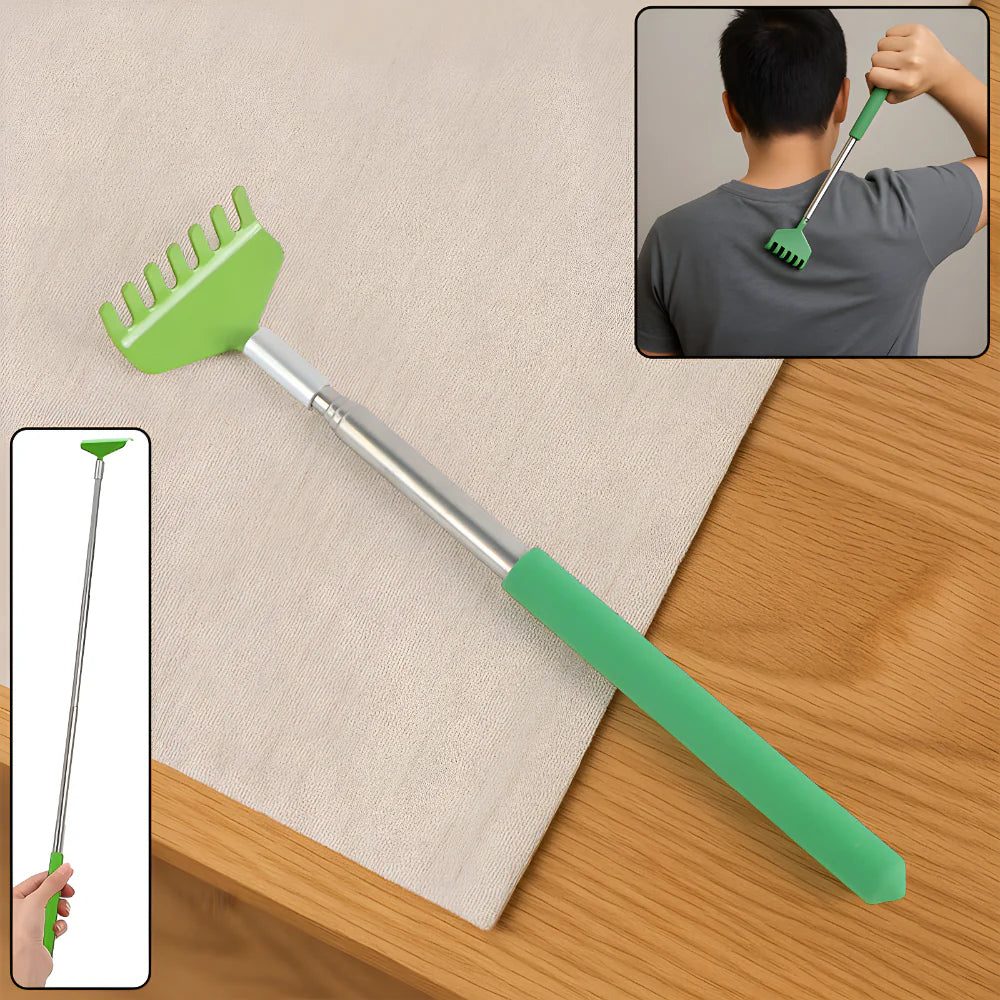 Telescopic back itch stick with green spiked head and silver extendable handle