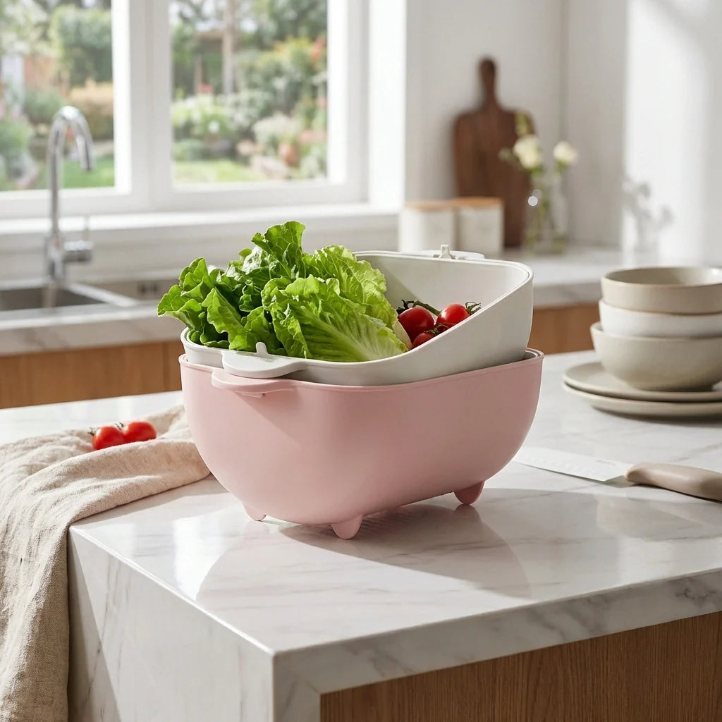 Tilt-and-Drain colander bowl, pink, with tilted draining base and feet