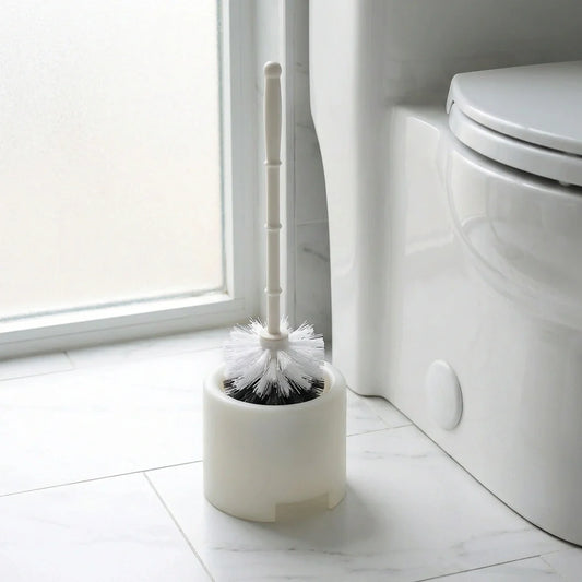 Toilet brush with potted holder, white handle and round holder with bristle head