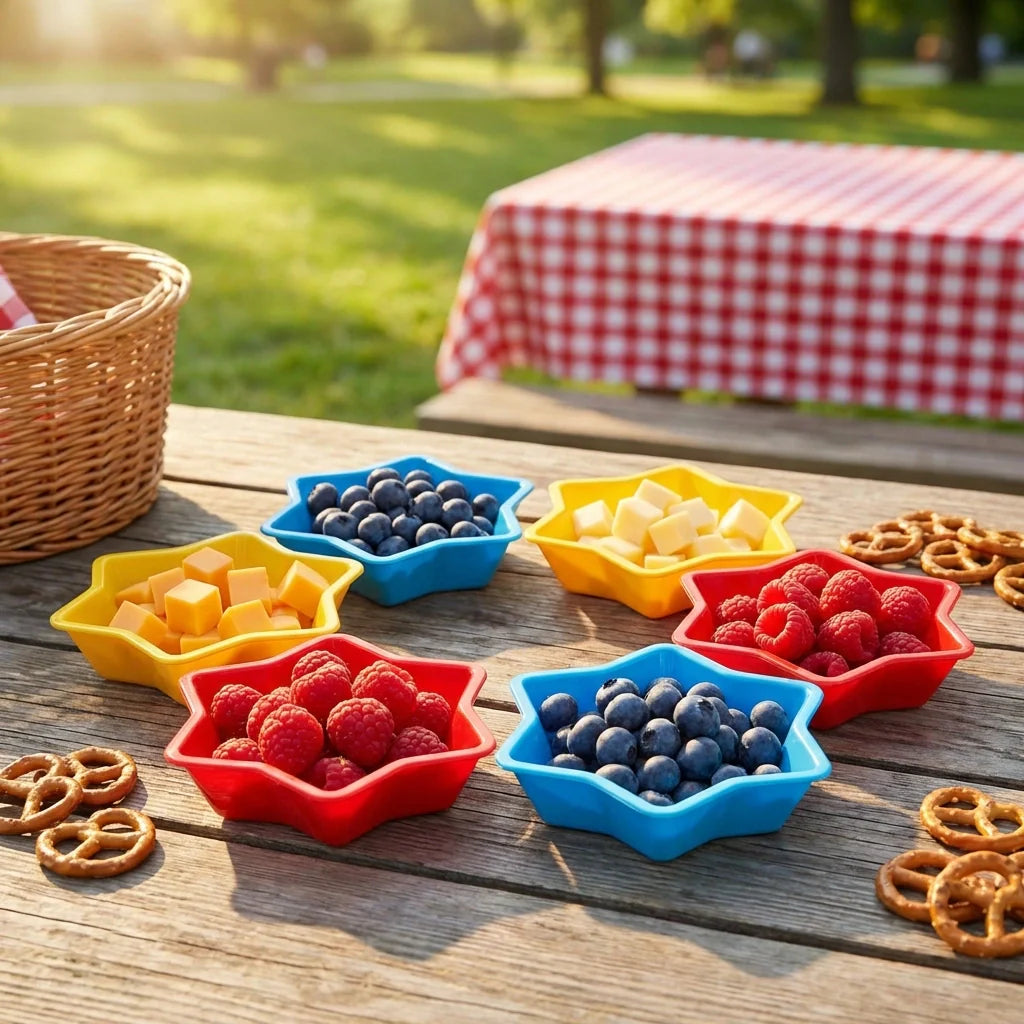 Colorful snack bowls with blueberries and raspberries on a wooden table