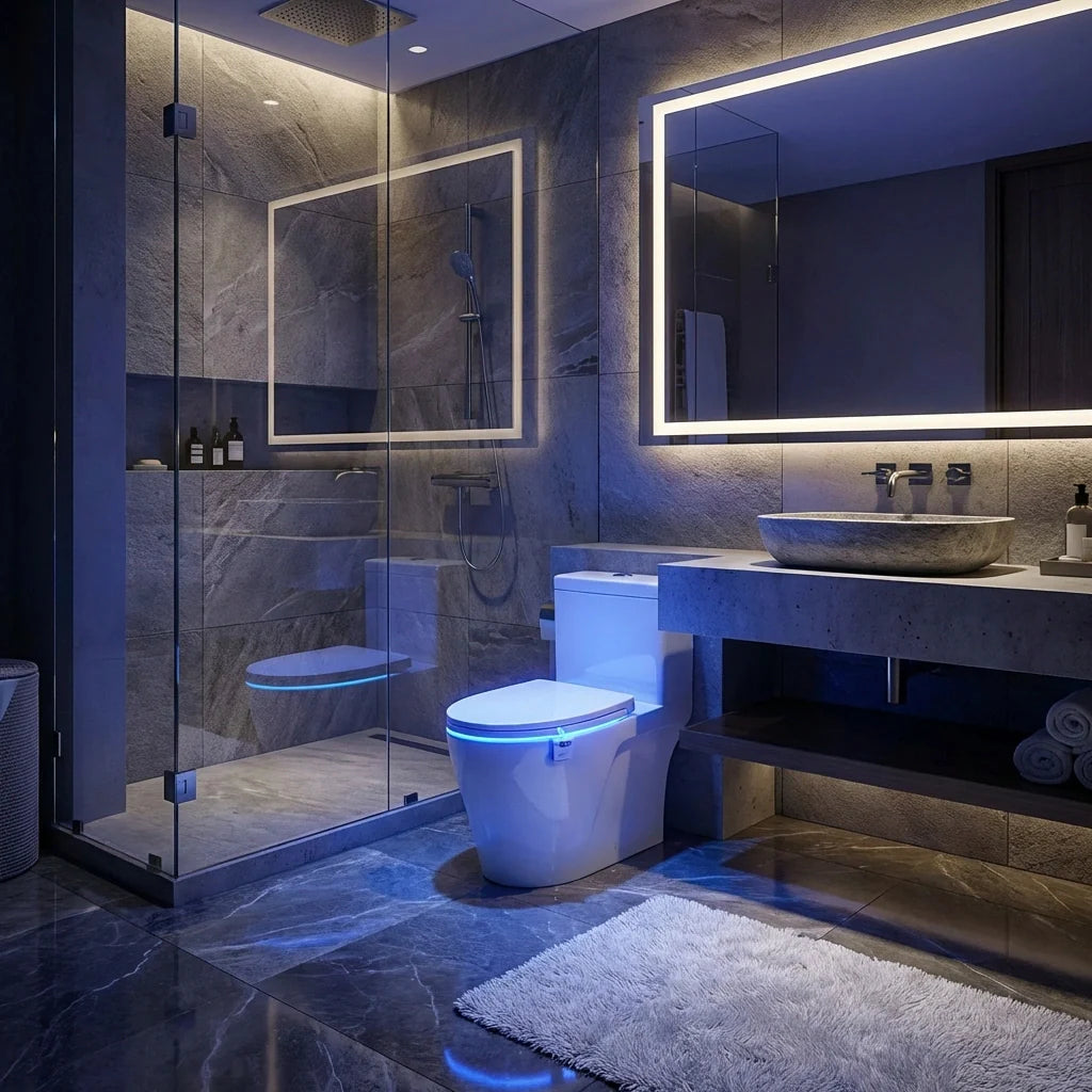LED-lit toilet bowl cover lamp with blue glow around the rim