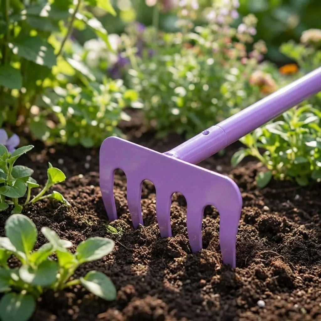 Purple garden hand cultivator rake tool with three tines in soil