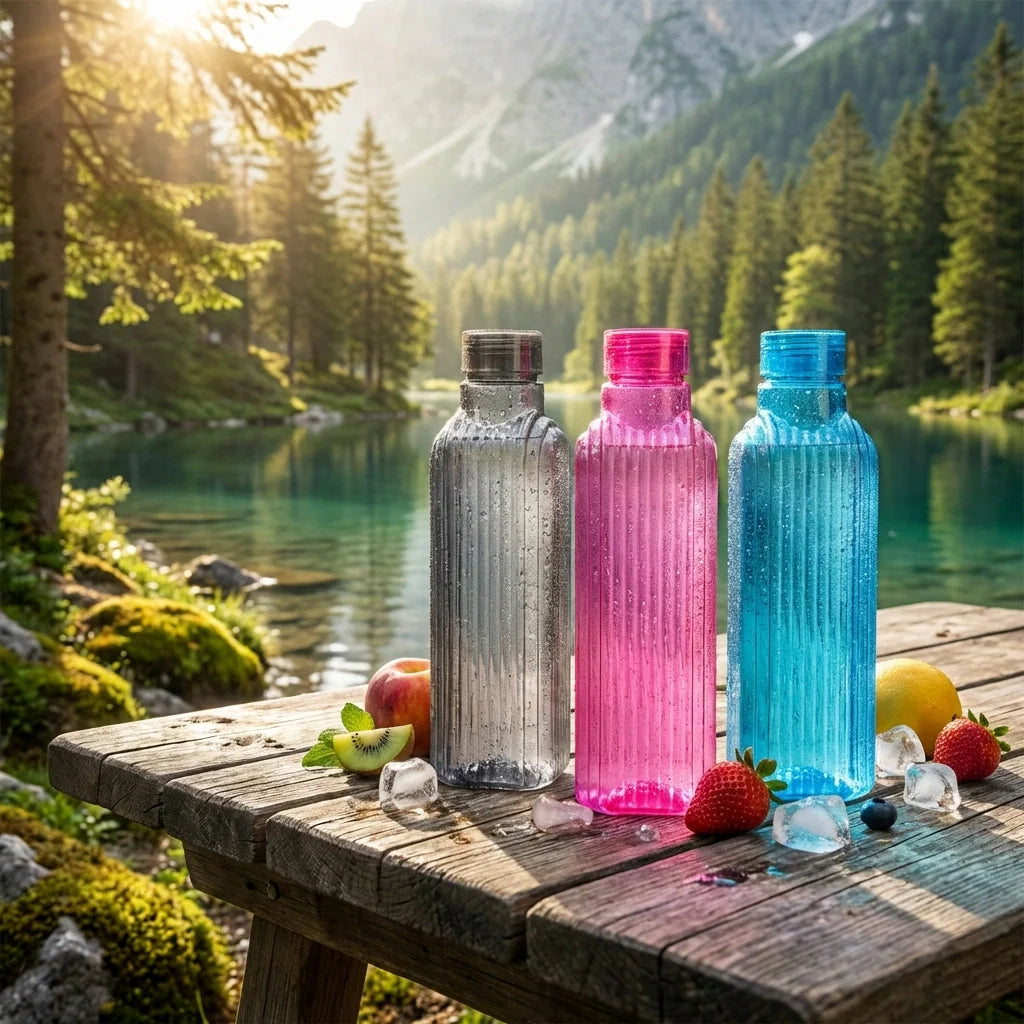 Set of three transparent fridge water bottles: clear, pink, and blue
