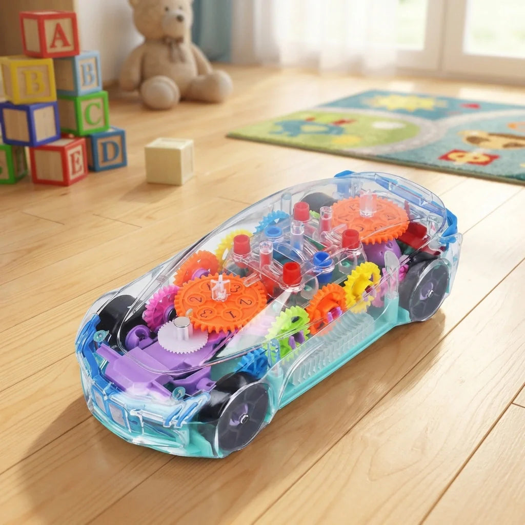 Transparent gear car toy with colorful rotating gears inside, clear blue body