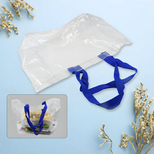 Transparent gift bag with blue rope handles, folded flat and tied.