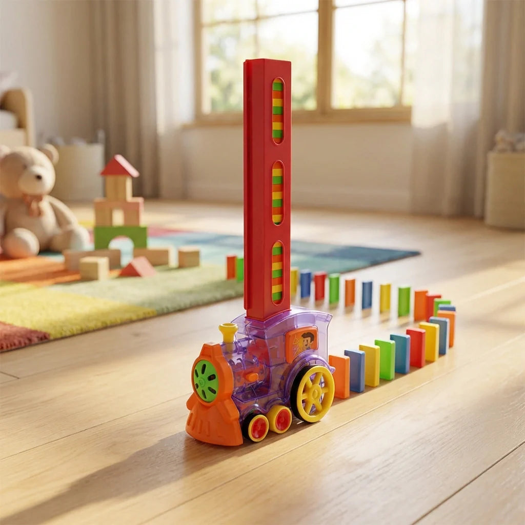 Transparent toy train with colorful wheels, with block pieces alongside