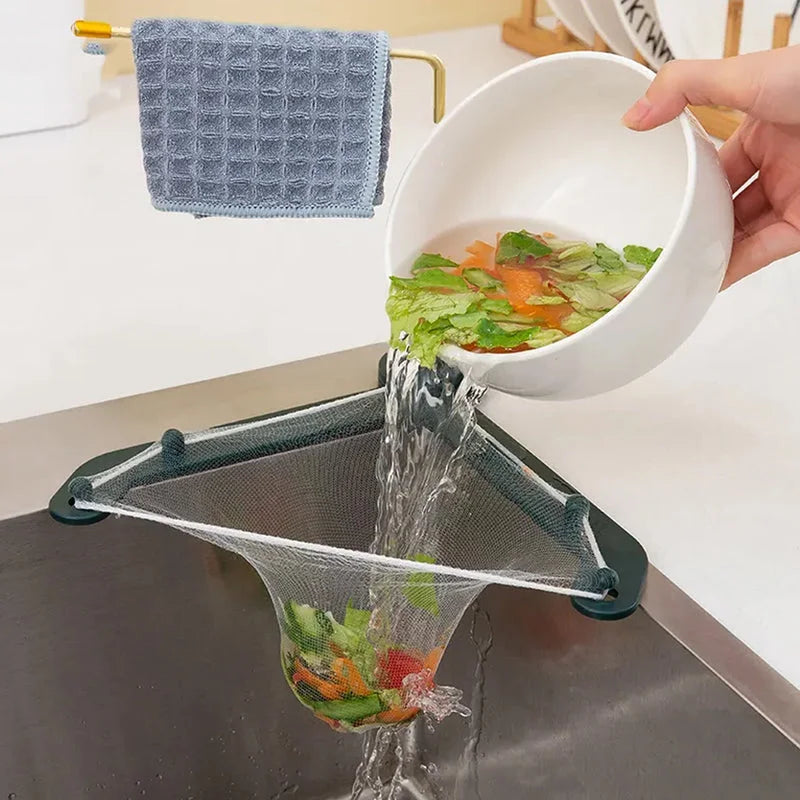 Triangle sink strainer with handles, draining water into basin