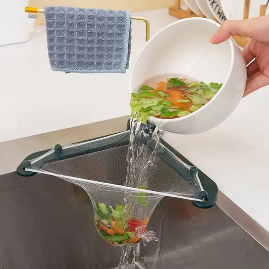 Triangle sink strainer with handles, draining water into basin