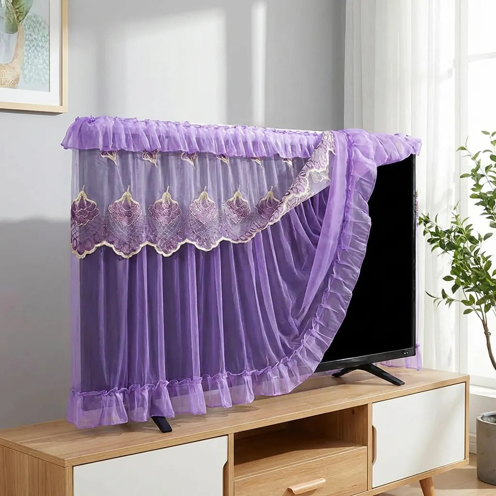 Purple TV dustproof cover with scalloped lace trim and flowing sheer side panel.