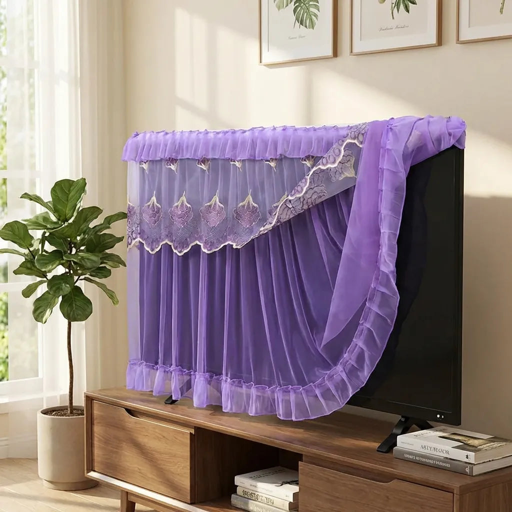 Purple TV dustproof cover with decorative lace band and gathered bottom ruffle hem.