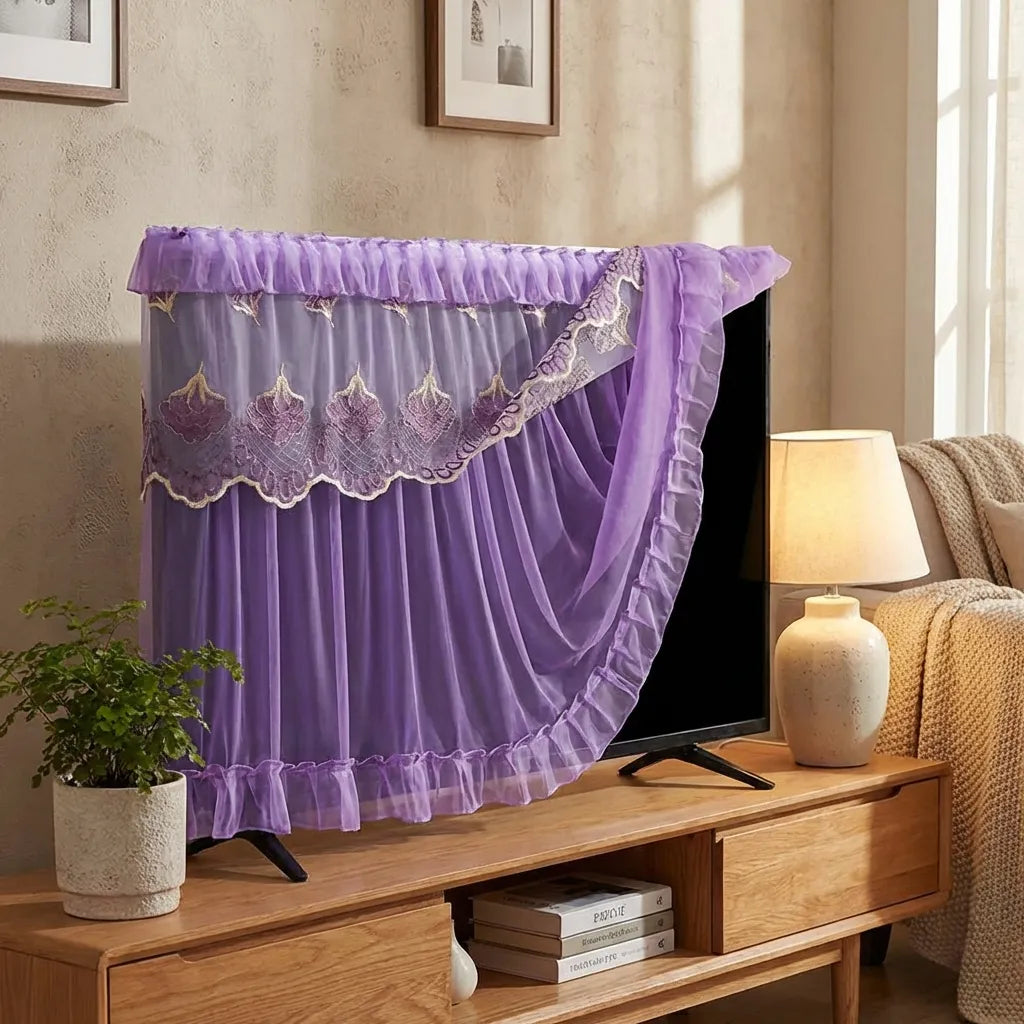 Purple TV dustproof cover curtain with lace edge detail and gathered ruffle trim.