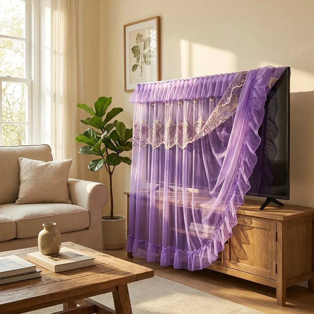Purple sheer TV dustproof cover with lace border and full-length curtain drape.