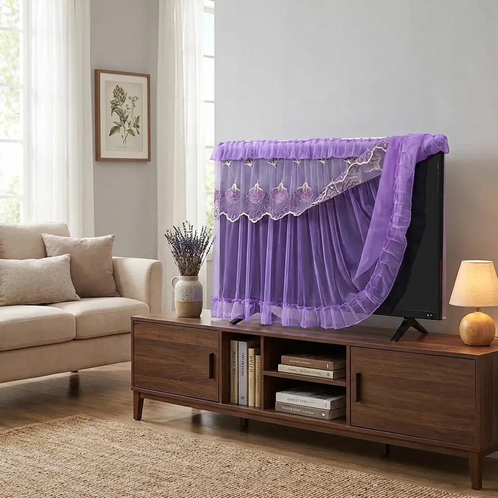 Purple sheer TV dustproof cover with lace trim along valance and side drape.