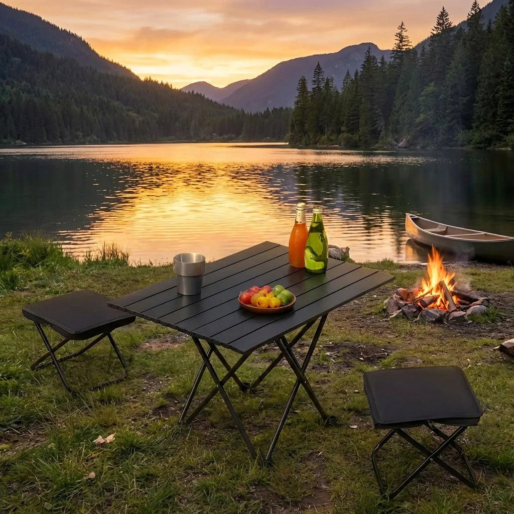 Folding camp stool with dark fabric seat and metal legs