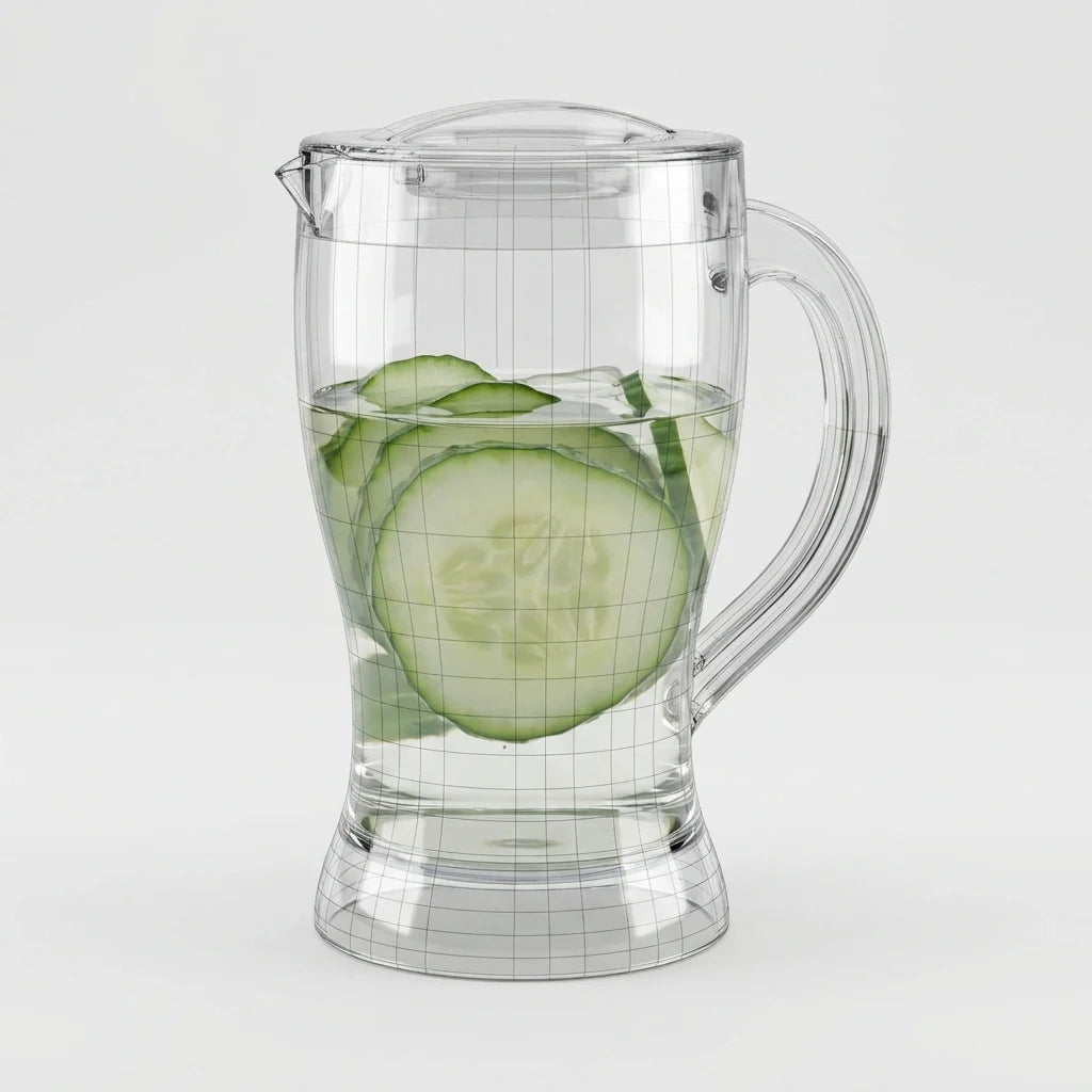 Transparent lemon water jug with handle, filled with lemon slices